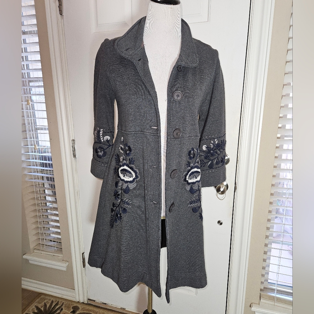 Johnny Was Gray Trench Coat with Floral Embroidery